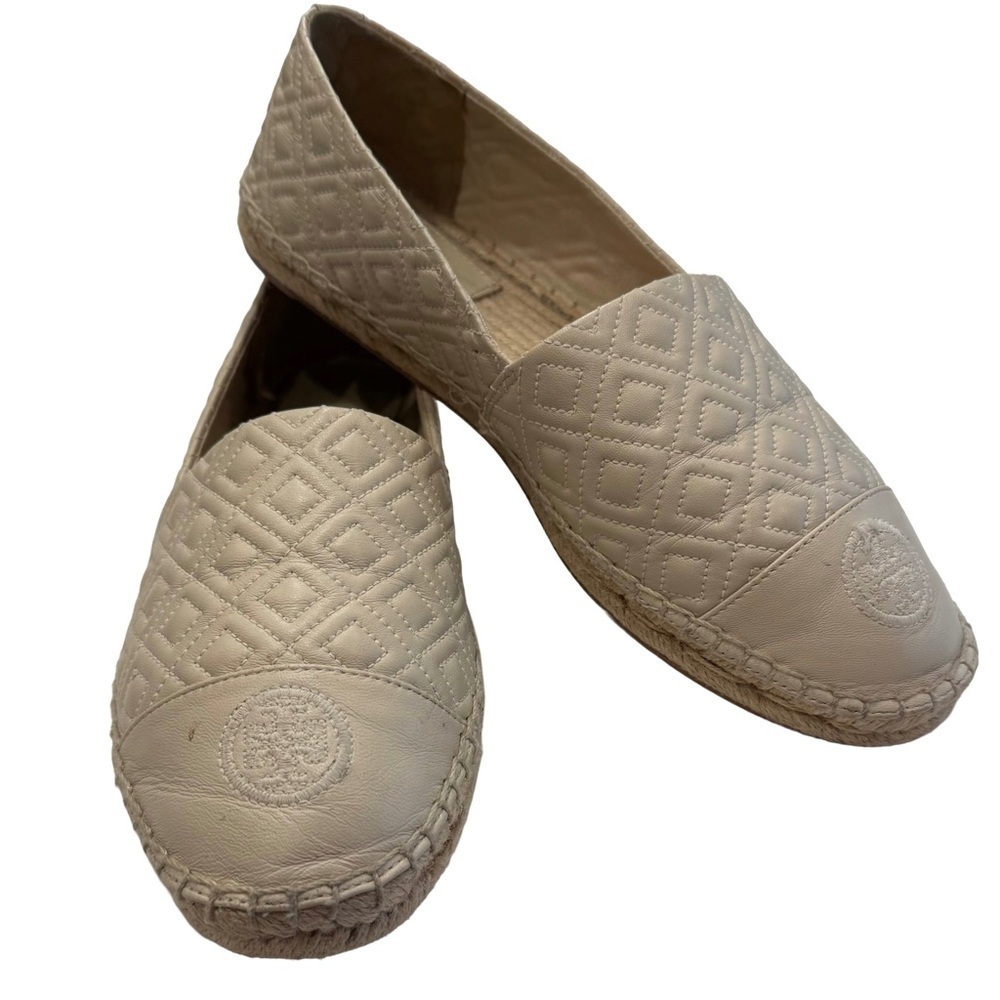 Tory Burch Quilted Nappa Leather Ivory Flats Espadrilles Size 8 EUC